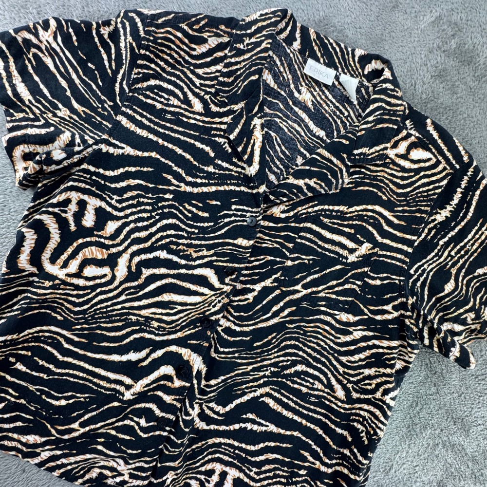 ERIKA Women's Black Zebra Print Short‎ Sleeve Button Up Shirt Size L